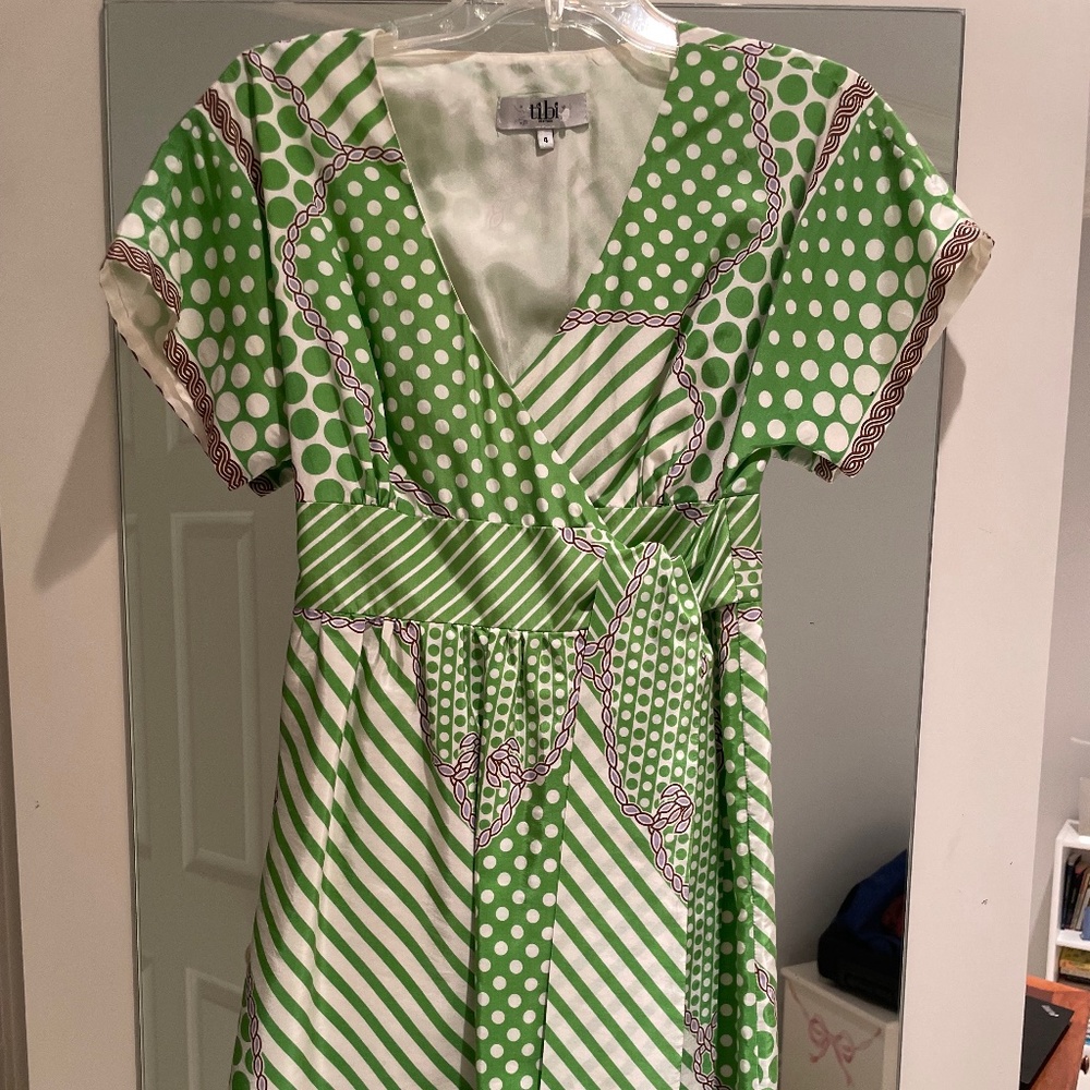 Tibi Green Printed Wrap Dress | Size 4